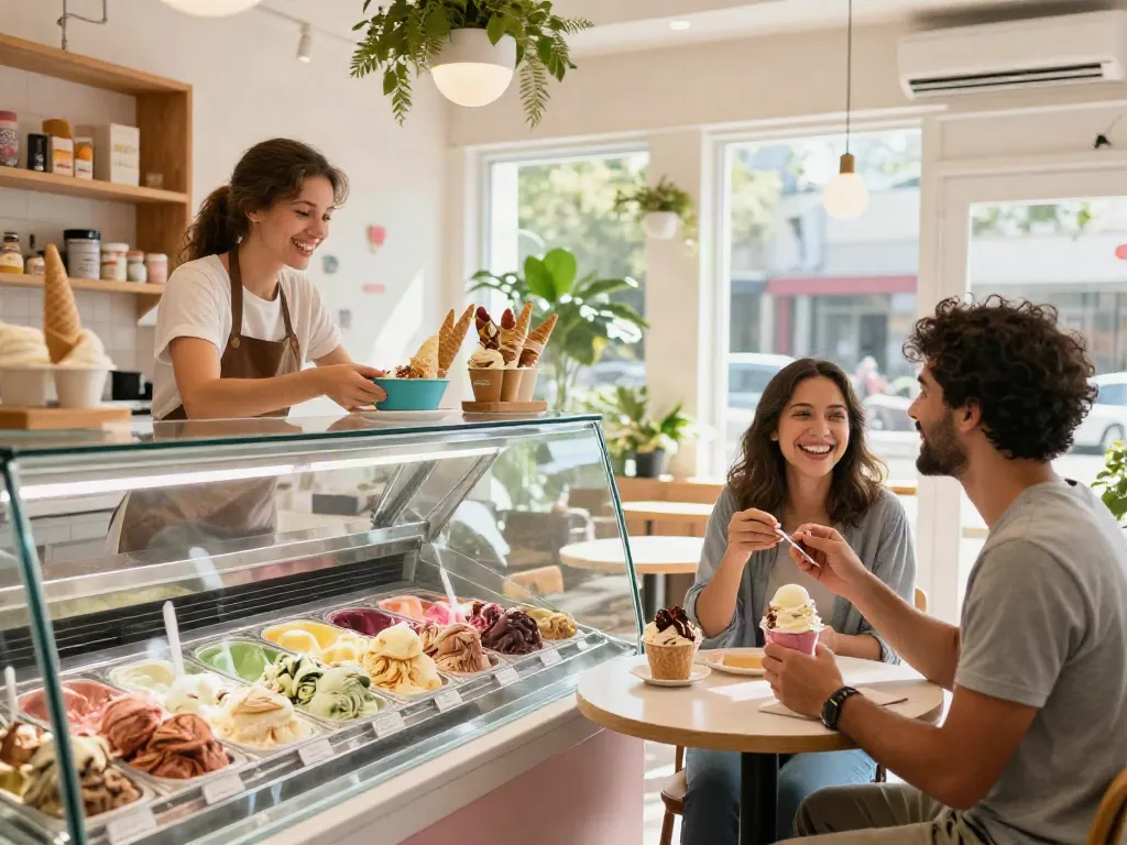 Enjoying ice cream at ROKOK88 with cheerful staff serving flavors, capturing the joy of dessert lovers.