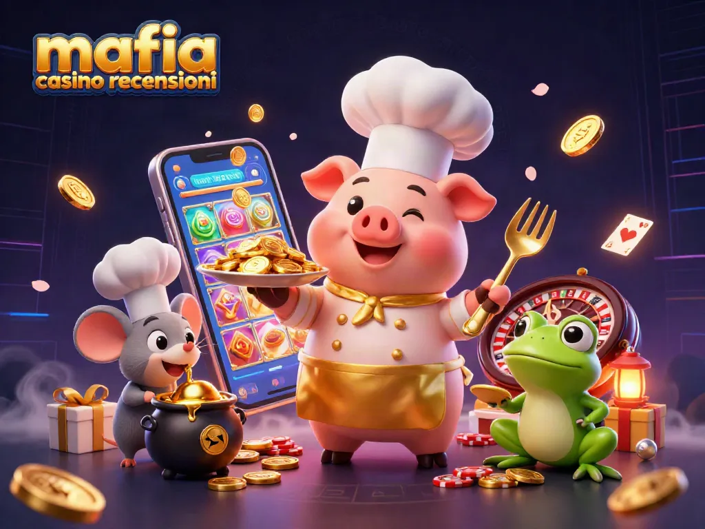 Mafia casino recensioni showcases a vibrant 3D casino scene with characters celebrating a jackpot of gold coins and slots.