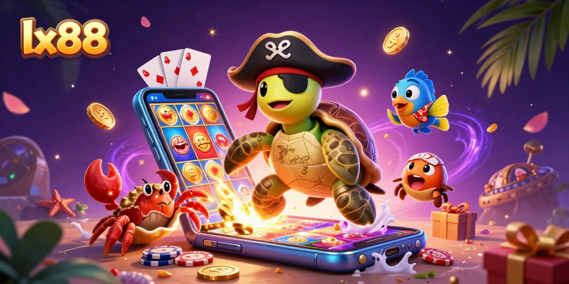 Spin the reels and win big at lx88 with a colorful 3D casino scene featuring vibrant characters and treasures.