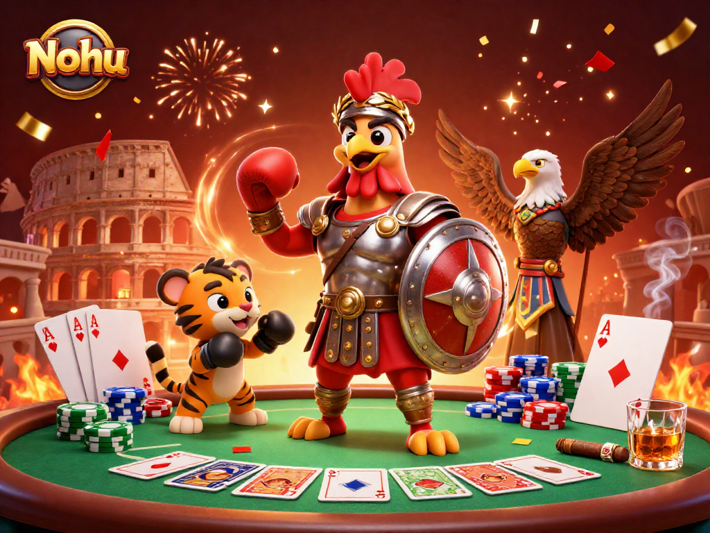 Nohu showcases a 3D cartoon gladiator rooster in an engaging poker scene with vibrant casino elements.