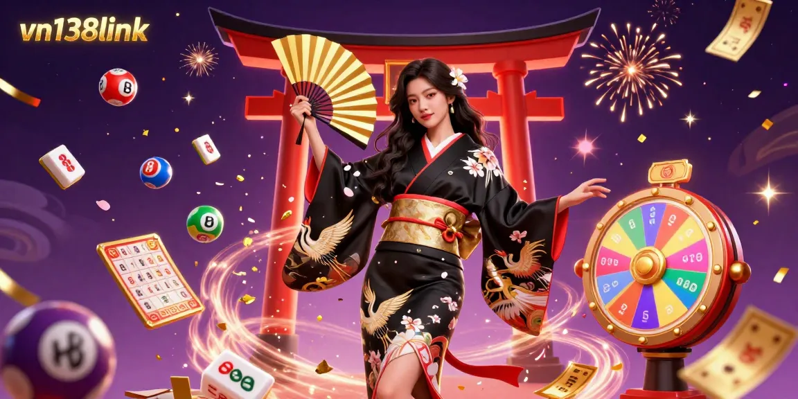 Bet on thrilling games at vn138link, featuring an elegant Asian woman amidst casino elements and festive confetti.