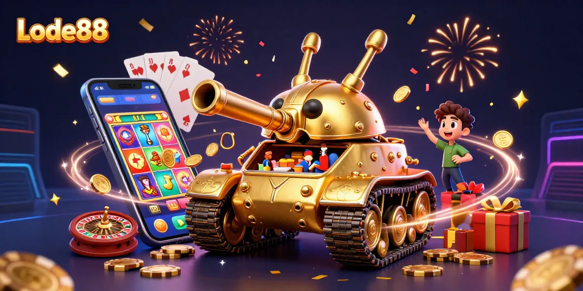 Lode88 offers exciting casino experiences with a vibrant 3D gaming scene showcasing slot games and celebrations.