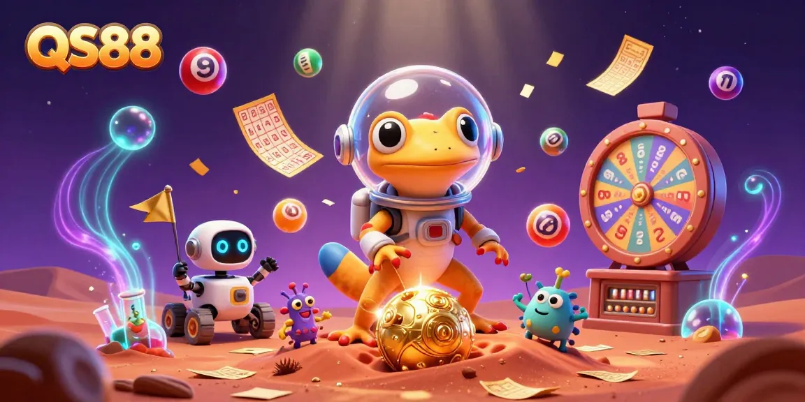 Experience the excitement of QS88 with a 3D Martian gecko discovering a golden casino amidst vibrant gambling elements