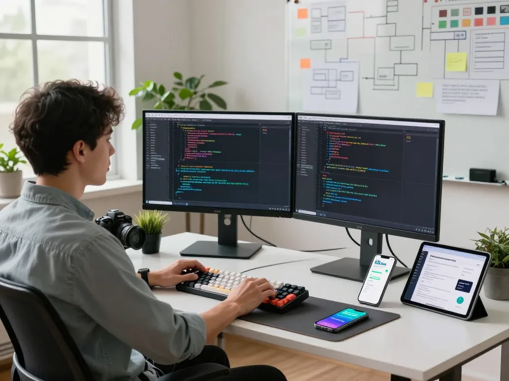 Developer using Clawdbot in a modern tech workspace with coding screens and collaboration tools.