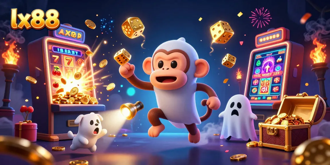 Experience the excitement of lx88 with an animated poltergeist monkey and a ghost-hunter puppy in a vibrant casino scene.