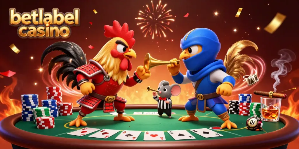 BetLabel casino features exciting gameplay with fighting roosters and poker elements in a vibrant setting.