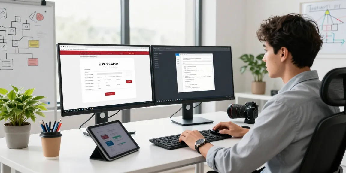 WPS Download page shown on a modern workspace computer in a bright, professional office setting.