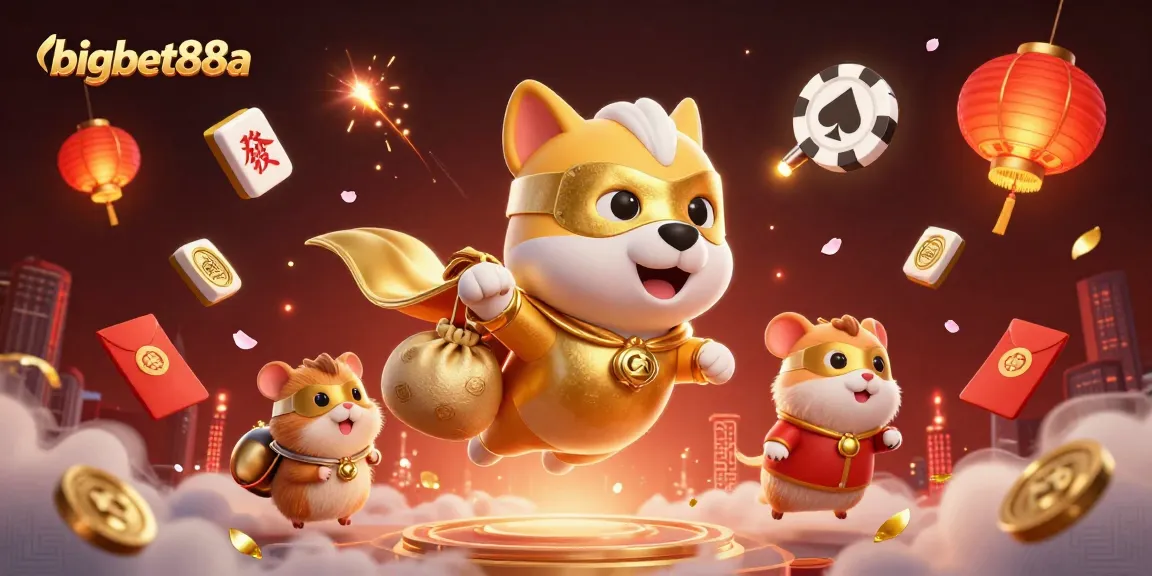 Enhance your gameplay at bigbet88a with a vibrant gambling scene featuring a superhero dog and casino icons.