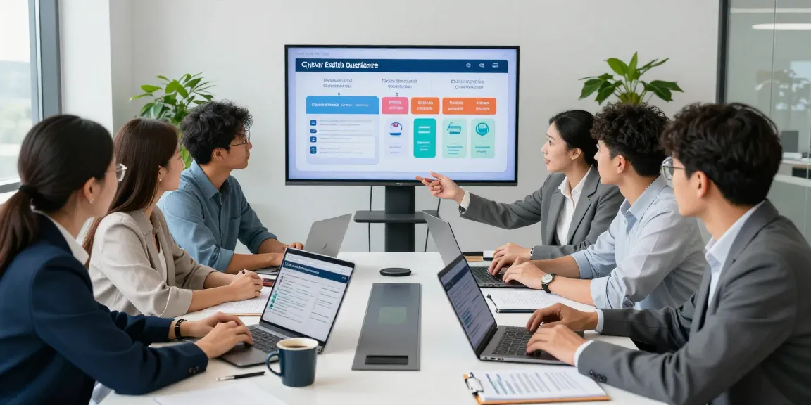 Team reviewing the Cyber Essentials questionnaire in a bright, modern office.