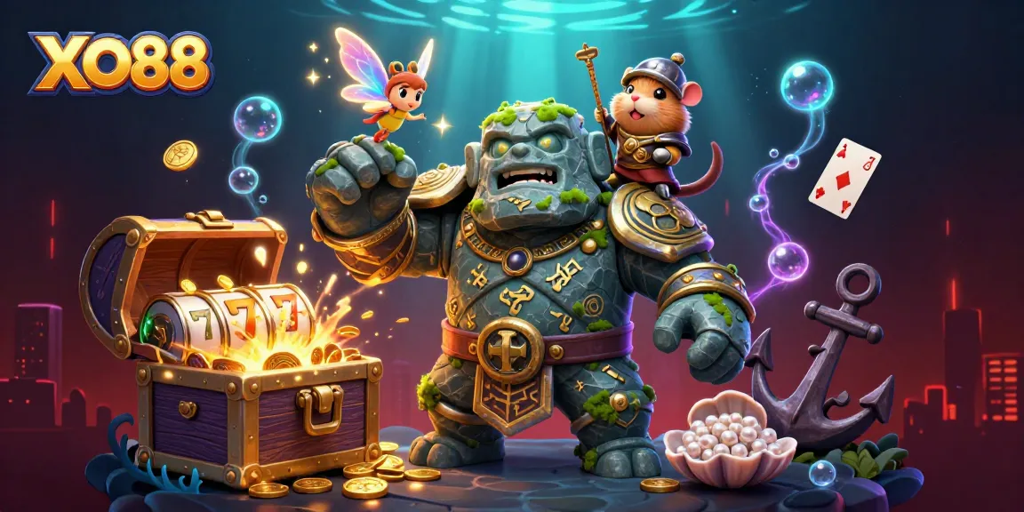 Experience excitement with XO88 as a golem guardian, knight, and fairy explore a vibrant casino world.
