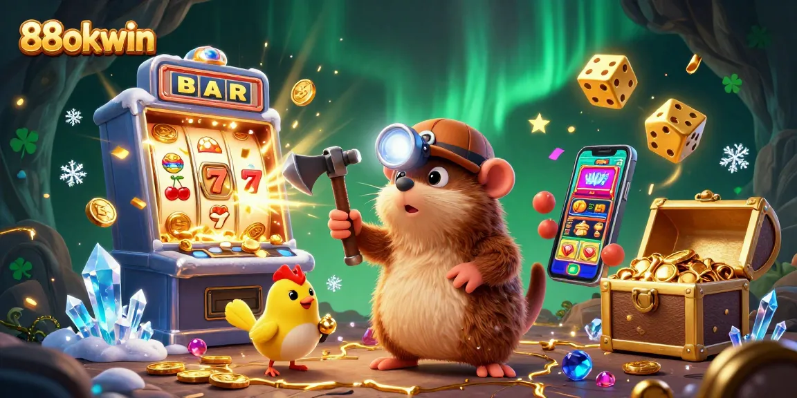 Experience excitement at 88okwin with a lively 3D illustration featuring jackpot wins and casino adventures
