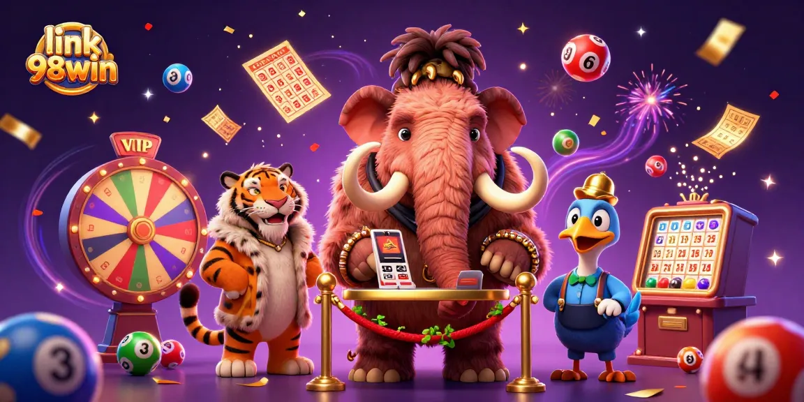 Link 98win showcases vibrant casino energy with a 3D mammoth bouncer, tiger VIP, and dodo doorman in a colorful scene.