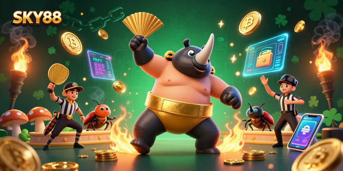 Experience thrilling gameplay at SKY88 with exciting Bitcoin and Ethereum elements in a vibrant casino scene.