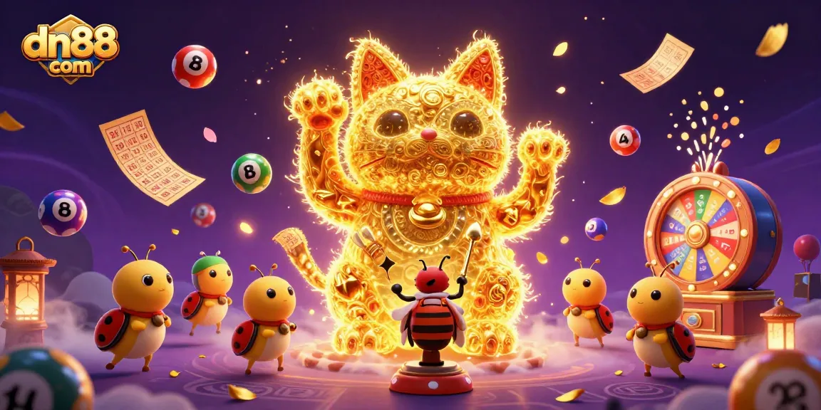 Experience thrilling gameplay with the vibrant dn88 com illustrated in a dynamic lottery and casino-themed artwork.