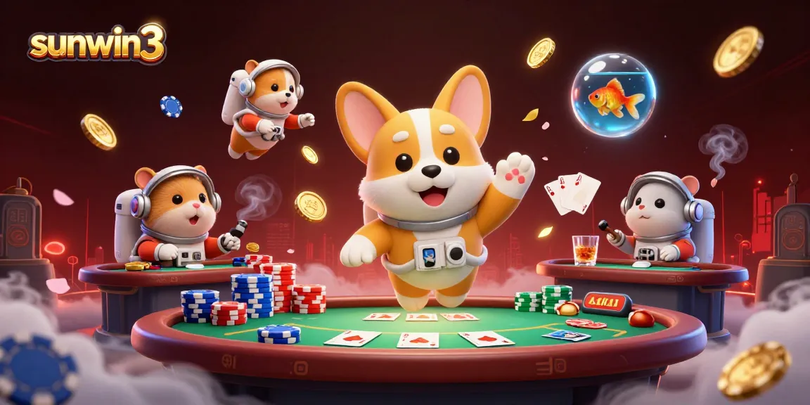 Experience thrilling action in sunwin3 with a vibrant casino scene featuring a corgi, hamster, and fish in zero gravity.